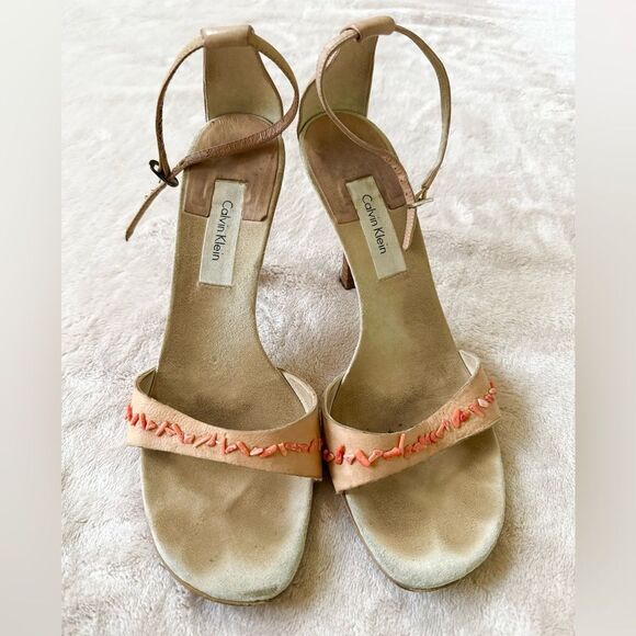 CK Calvin Klein Sandals Straps Coral Heel Summer Leather Used Shoes 8.5 - Picture 1 of 4